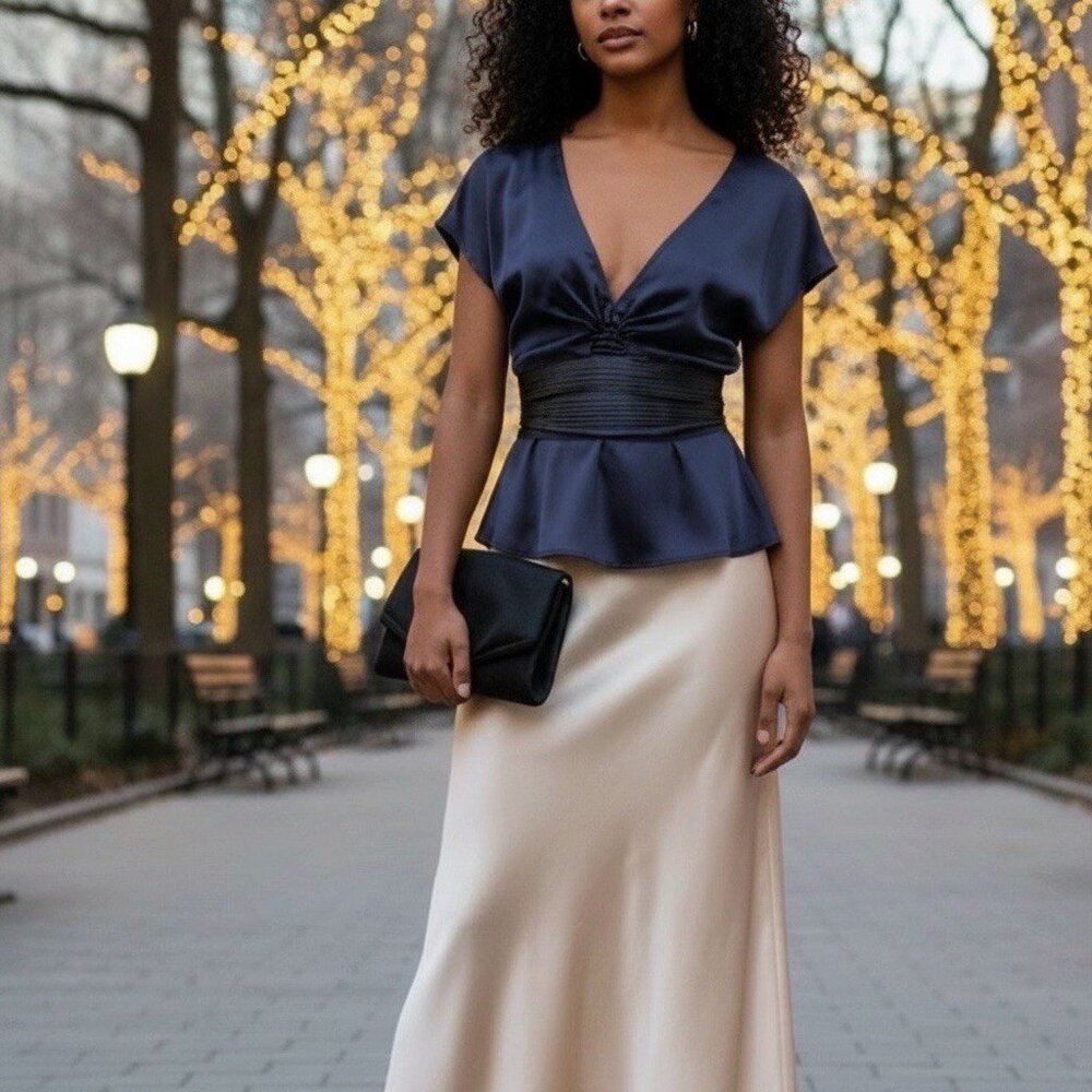 Elegant Navy Silk V-Neck Peplum Top